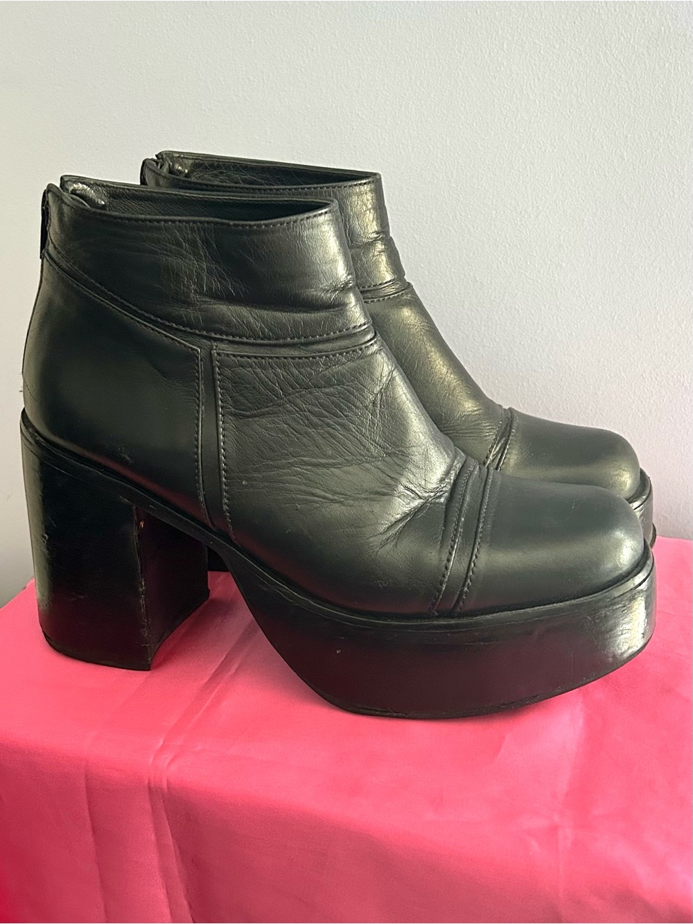 Rotunda Chunky Platform Ankle Boots Black Leather Women's 8 Back Zipper - Picture 4 of 9